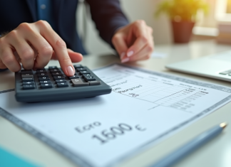 Connaître sa paye nette à partir d’un salaire brut de 1600 euros Main utilisant une calculatrice avec fiche de paie visible