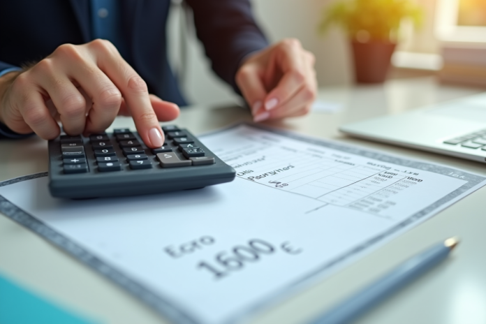 Main utilisant une calculatrice avec fiche de paie visible