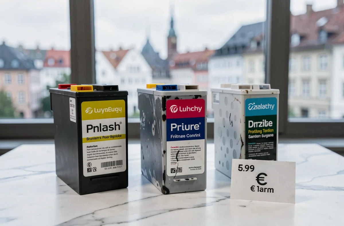 Cartouches d'encre posées sur marbre blanc avec prix en euros et panorama de Luxembourg en arrière-plan