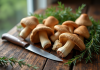 Champignons de chanterelle gris frais sur une table en bois