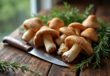 Champignons de chanterelle gris frais sur une table en bois