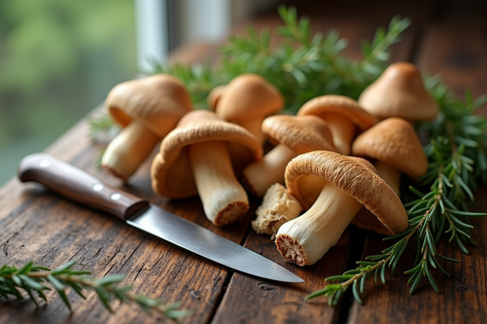 Champignons de chanterelle gris frais sur une table en bois