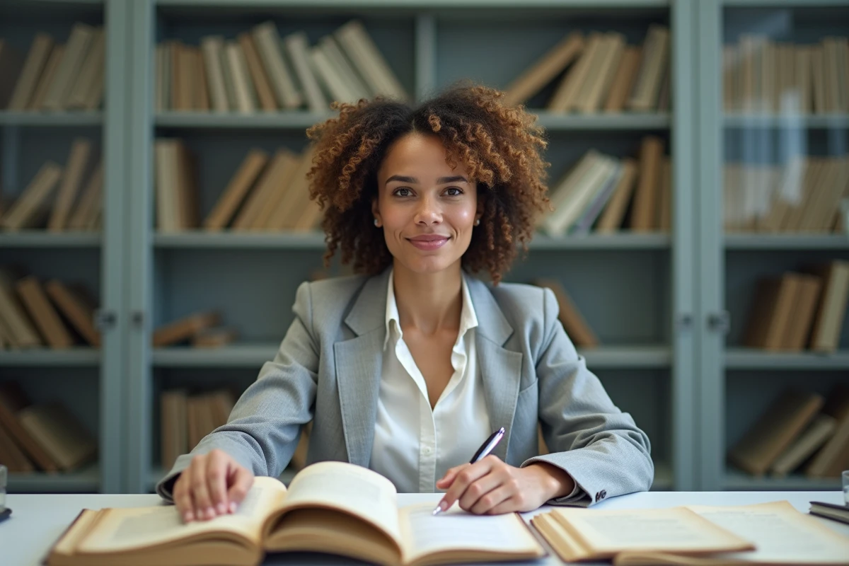 Chercheuse en droit consultant des manuscrits historiques dans une salle d'archives universitaire moderne