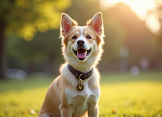 Jeune chienne heureuse portant collier personnalisé avec V en plein air