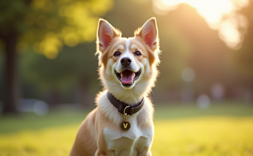 Jeune chienne heureuse portant collier personnalisé avec V en plein air