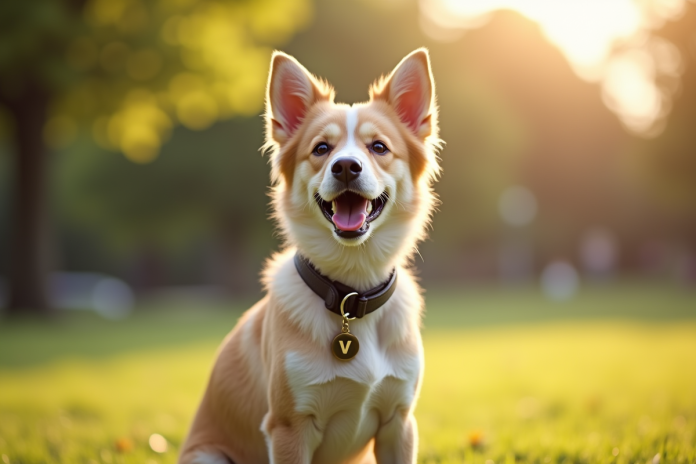 chien-femelle-souriante-exterieur Jeune chienne heureuse portant collier personnalisé avec V en plein air