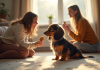 Chiot dachshund à poil long assis sur un tapis avec une femme
