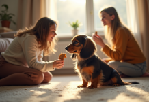 Chiot dachshund à poil long assis sur un tapis avec une femme