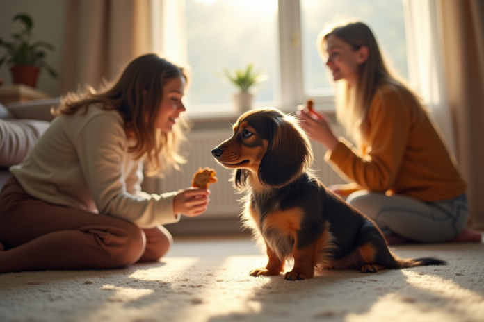 Chiot dachshund à poil long assis sur un tapis avec une femme