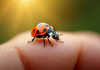 Gros plan d'une coccinelle rouge et noire sur la main en plein air