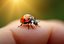 Gros plan d'une coccinelle rouge et noire sur la main en plein air