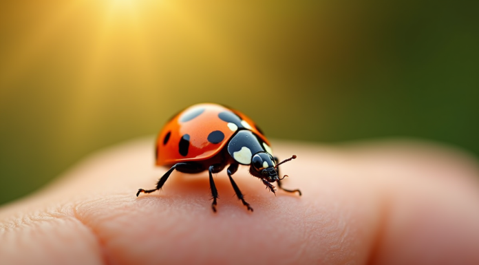 Gros plan d'une coccinelle rouge et noire sur la main en plein air