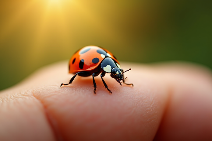 Gros plan d'une coccinelle rouge et noire sur la main en plein air