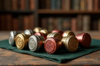 Collection de capsules de champagne vintage aux designs embossés dorés et argentés disposées sur une table en chêne patiné, vue de dessus