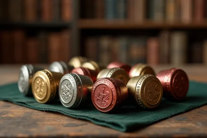 Collection de capsules de champagne vintage aux designs embossés dorés et argentés disposées sur une table en chêne patiné, vue de dessus