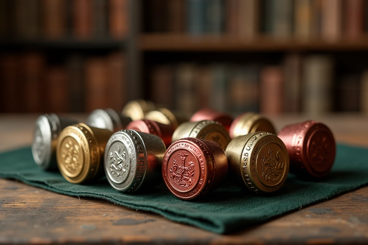 Collection de capsules de champagne vintage aux designs embossés dorés et argentés disposées sur une table en chêne patiné, vue de dessus