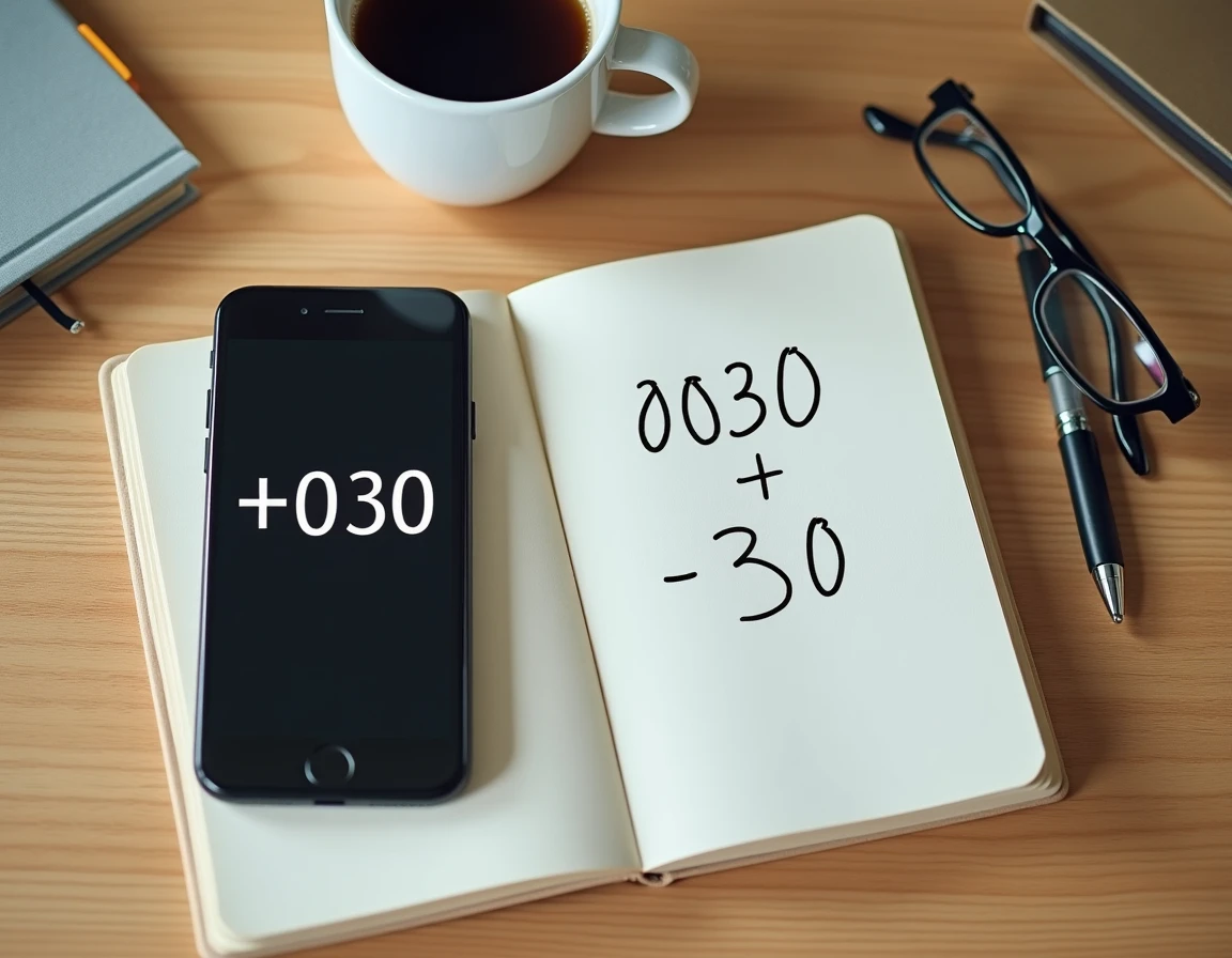 Comparaison des formats d'indicatif téléphonique +30 et 0030 notés sur un carnet et affichés sur smartphone