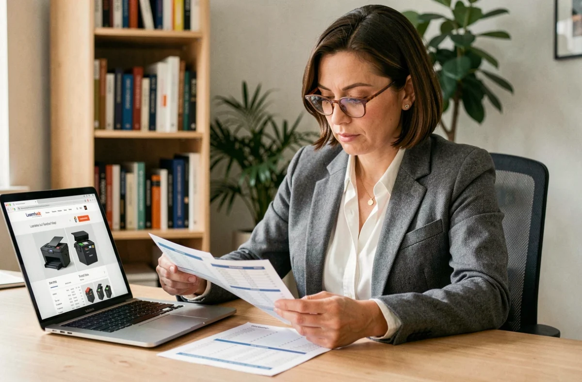 Femme comparant les prix des cartouches imprimante Luxembourg sur ordinateur portable à domicile