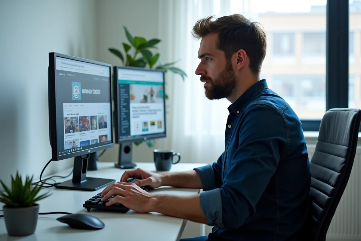 Homme comparant un site de scan manga légal et un site pirate sur un écran d'ordinateur dans un bureau moderne