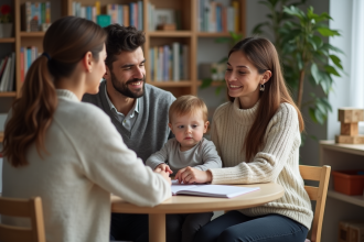 Femme consultante avec famille dans un cadre chaleureux