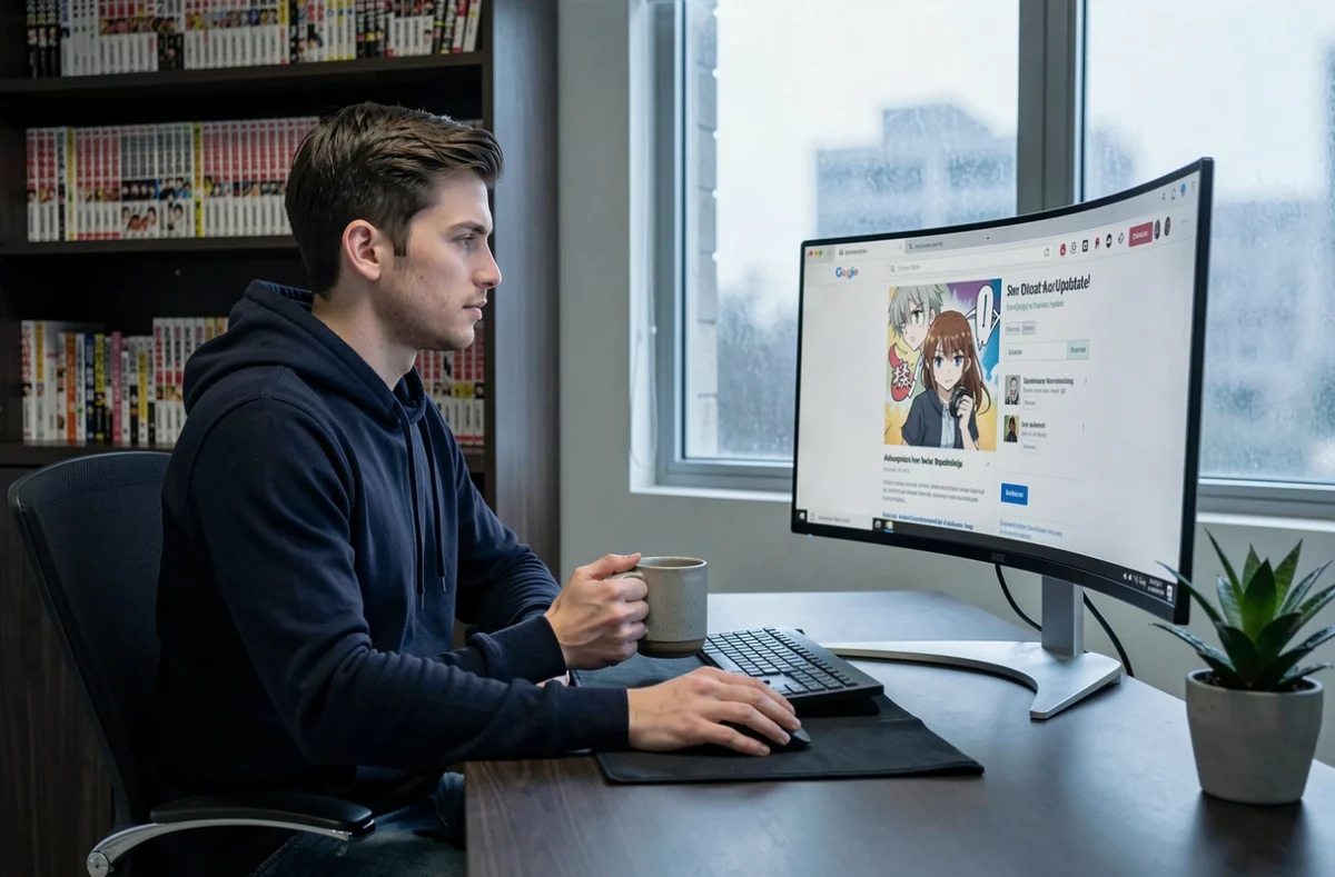 Homme consultant les mises à jour de chapitres manga sur ordinateur via le site Epsilone Scan dans un bureau à domicile