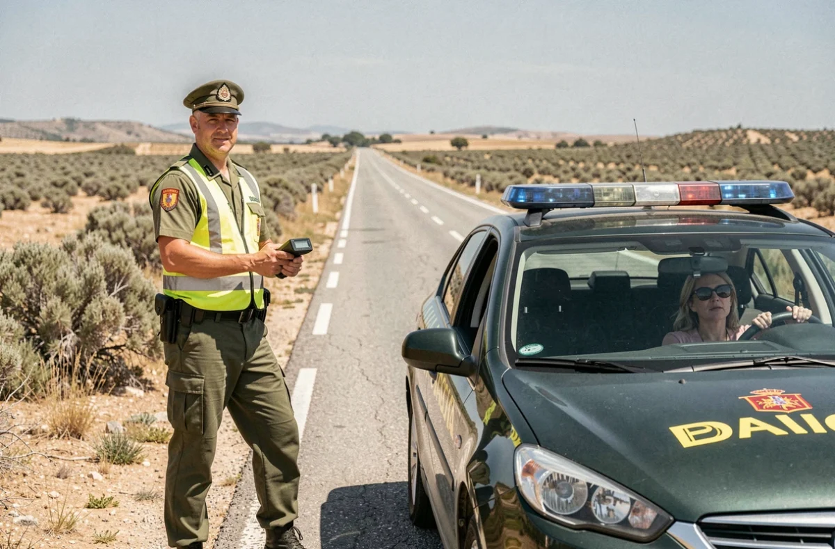 Policier espagnol de la Guardia Civil contrôlant un automobiliste sur une route espagnole
