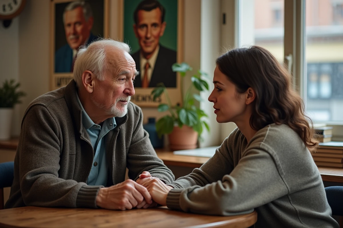 Homme âgé et jeune femme discutant à la table de cuisine