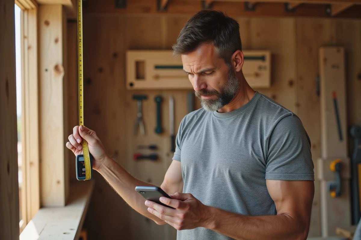 Artisan mesurant une planche en bois avec un mètre ruban et une application de conversion pieds centimètres sur smartphone