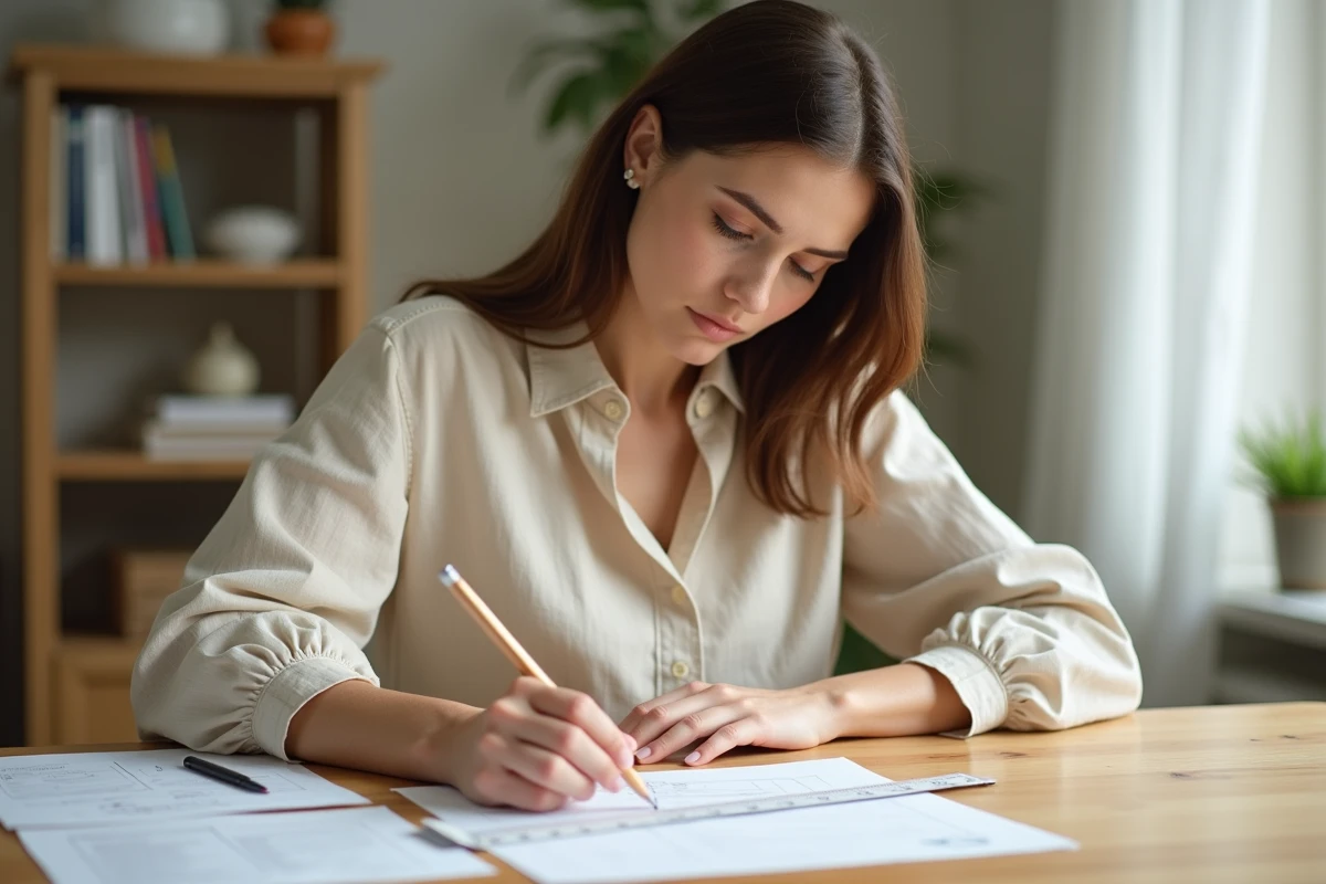 Femme utilisant une règle graduée pour convertir des mesures en pieds et centimètres sur un bureau en bois