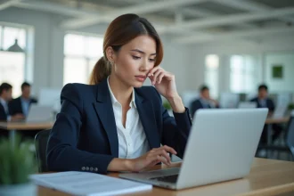 Femme professionnelle relisant et corrigeant un texte LinkedIn sur son ordinateur portable dans un bureau moderne