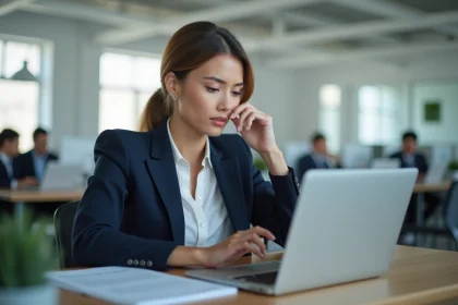 Femme professionnelle relisant et corrigeant un texte LinkedIn sur son ordinateur portable dans un bureau moderne