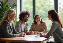 Couple souriant avec assistante sociale dans un bureau lumineux