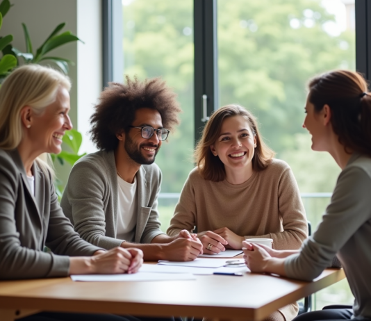 Couple souriant avec assistante sociale dans un bureau lumineux