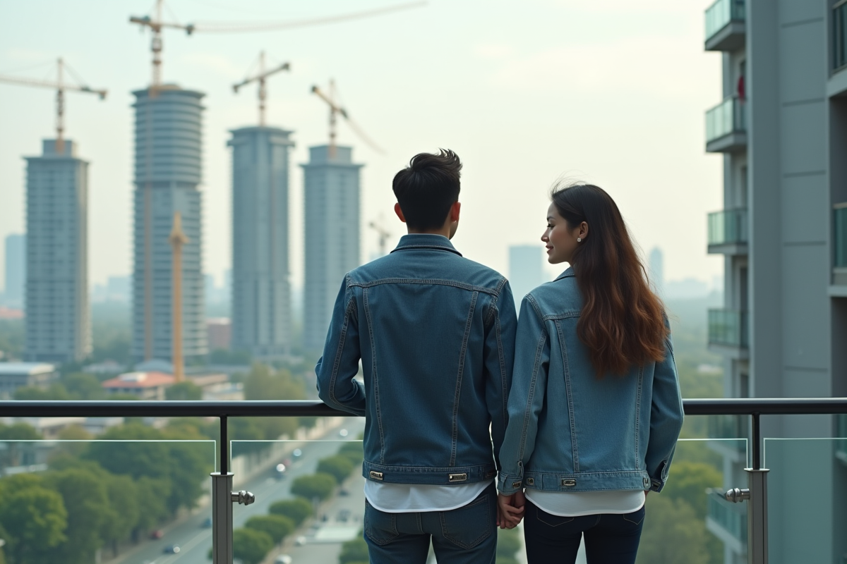 Jeune couple regardant des tours en construction