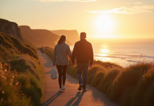 Couple marchant main dans la main sur un sentier côtier breton au coucher du soleil