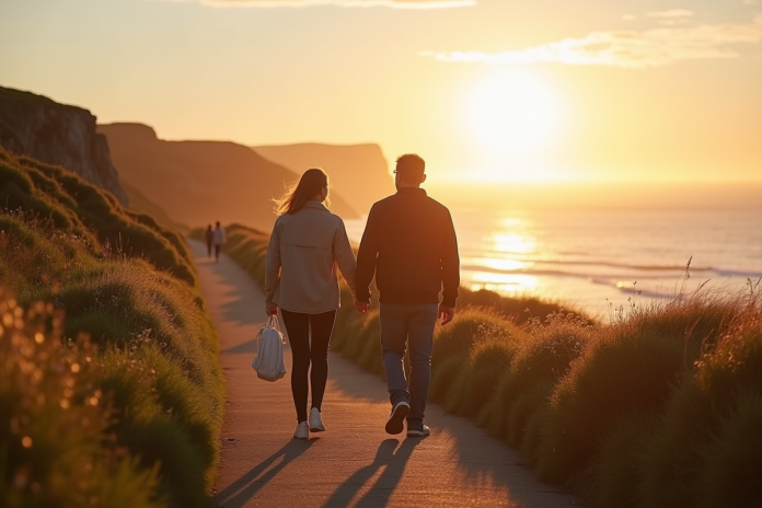 Couple marchant main dans la main sur un sentier côtier breton au coucher du soleil