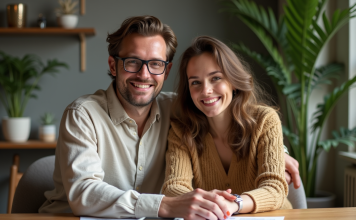 Montant prime d’adoption : comment la calculer et ses bénéficiaires Jeune couple souriant à une table avec papiers et calculatrice
