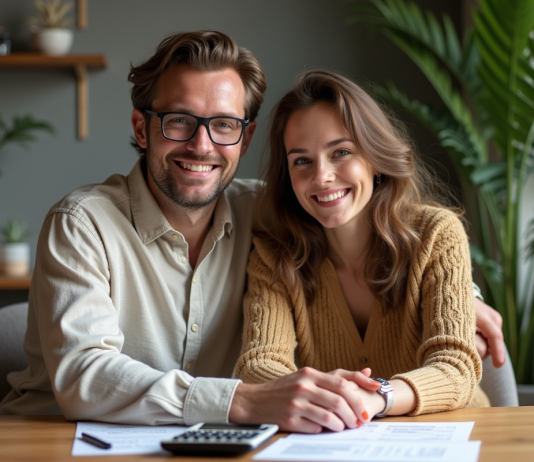 Jeune couple souriant à une table avec papiers et calculatrice