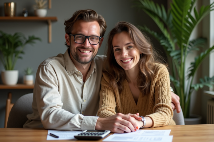 Jeune couple souriant à une table avec papiers et calculatrice