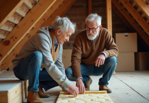 Couple d'âge moyen examinant l'isolation dans un grenier