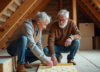 Rénovation énergétique : quels travaux prioritaires pour une habitation efficace ? Couple d'âge moyen examinant l'isolation dans un grenier