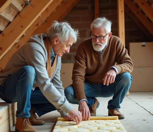 Couple d'âge moyen examinant l'isolation dans un grenier