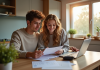 Jeune couple examinant des documents financiers à la maison