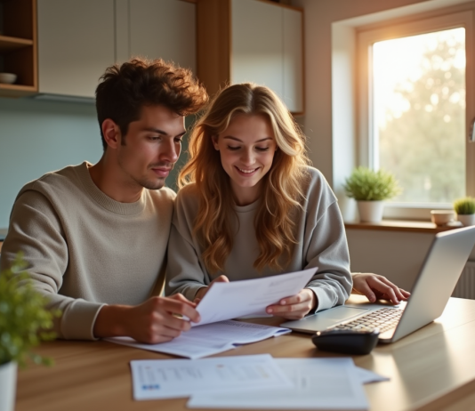 Jeune couple examinant des documents financiers à la maison