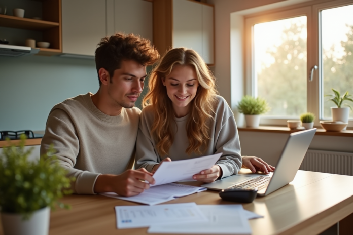 Jeune couple examinant des documents financiers à la maison