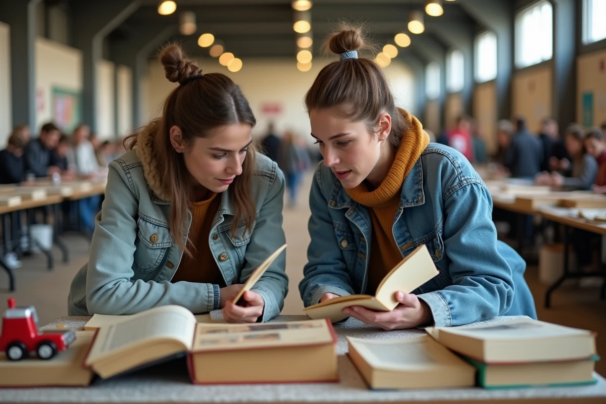 Jeune couple cherchant des livres dans un marché aux puces