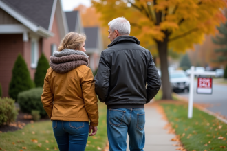 Couple en veste d'automne devant une maison à vendre