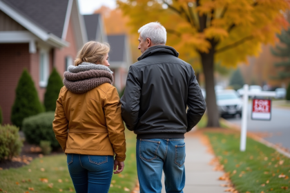 Couple en veste d'automne devant une maison à vendre