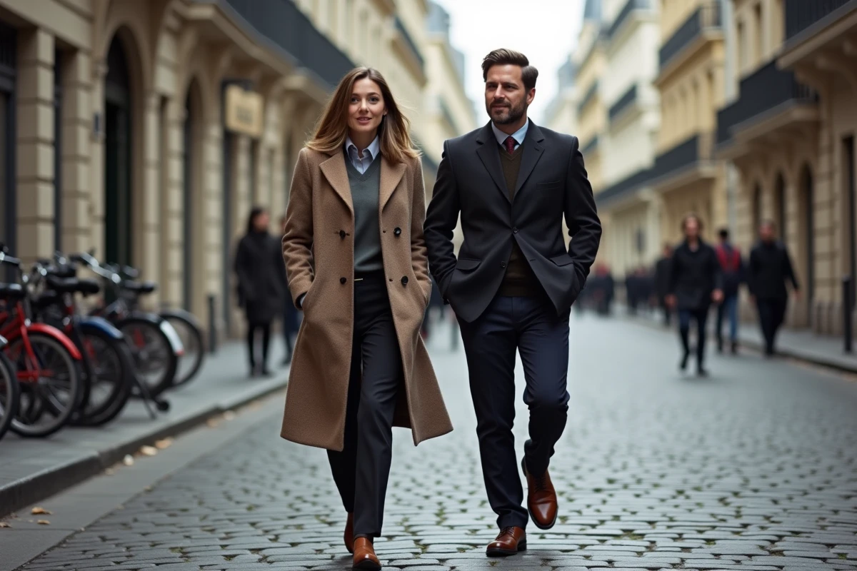 Couple élégant marchant dans une rue pavée parisienne, style éditorial et documentaire