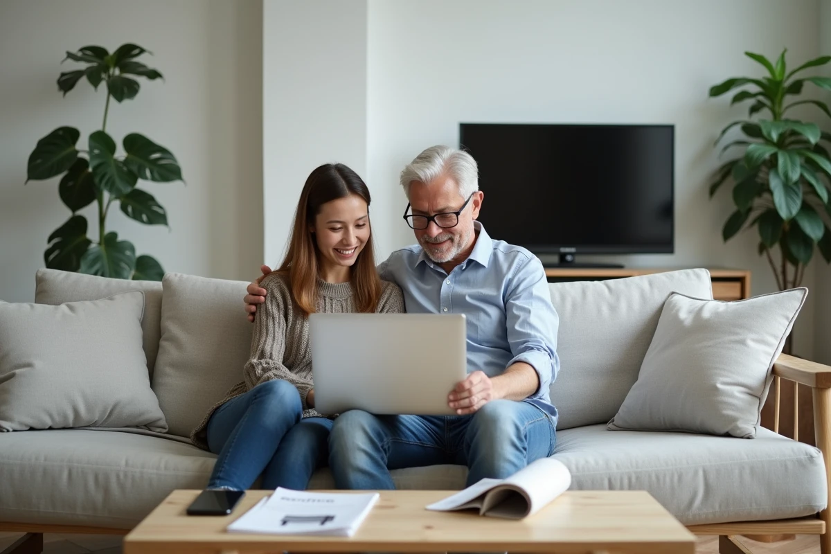 Couple vérifiant une extension de garantie Darty sur un ordinateur portable dans un salon moderne